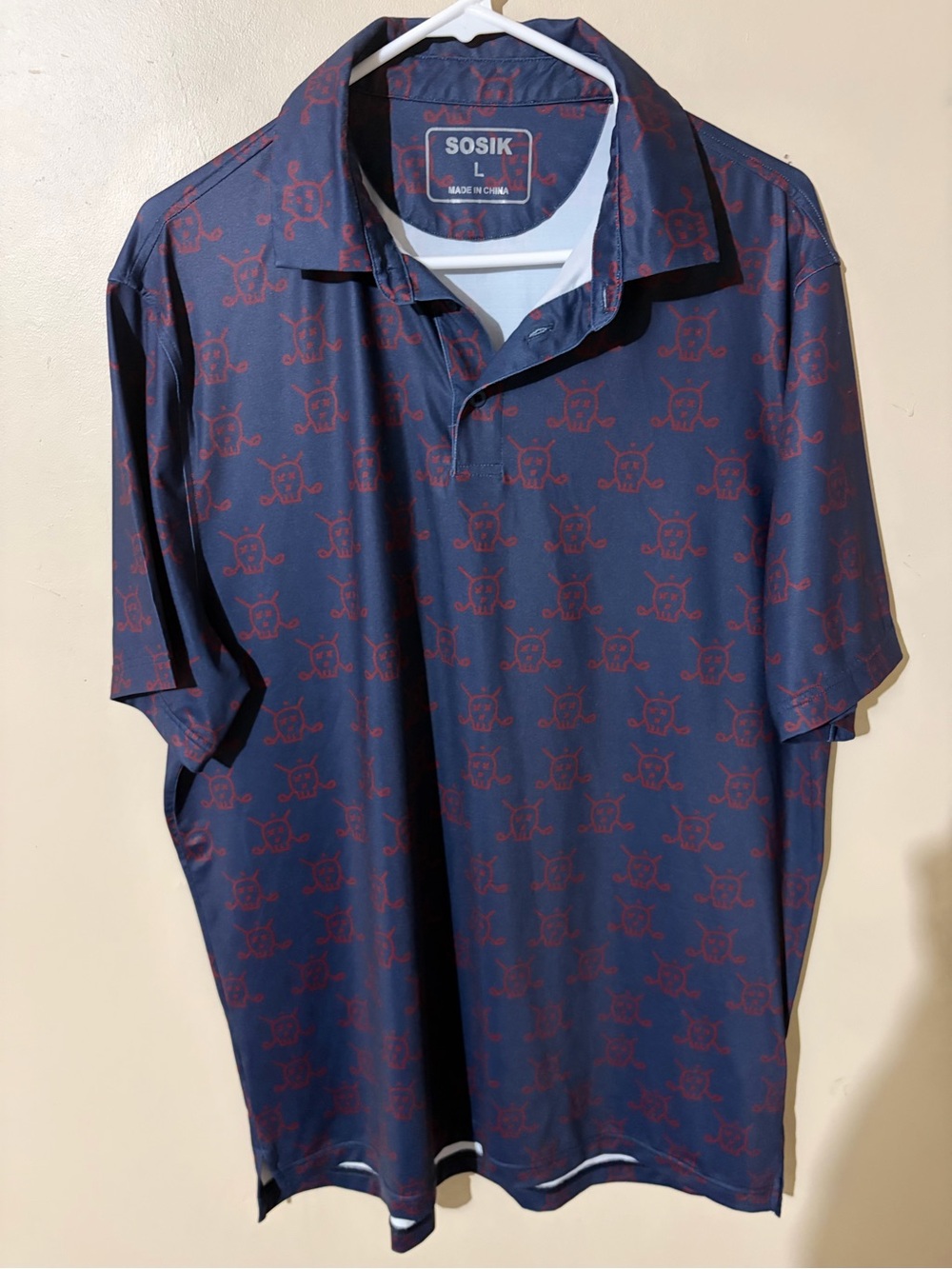 SOSIK Men's Navy Polo with Red Skulls All-Over Print L